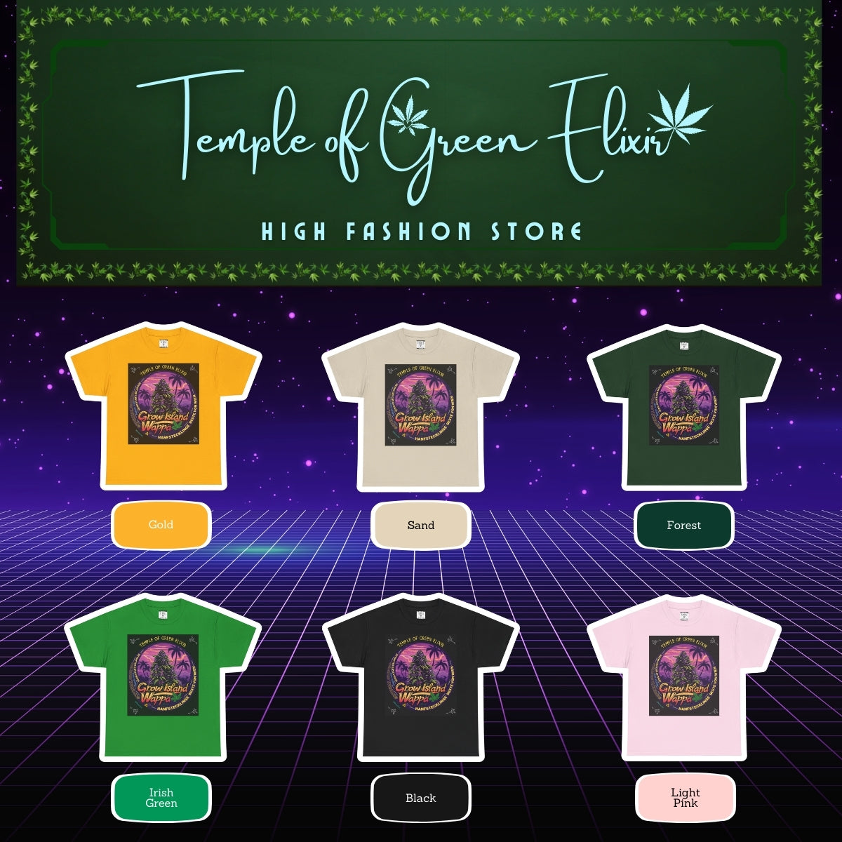 Wappa T-shirt Color chart:
gelb, sand, dunkel grün, irish grün, schwarz, rosa