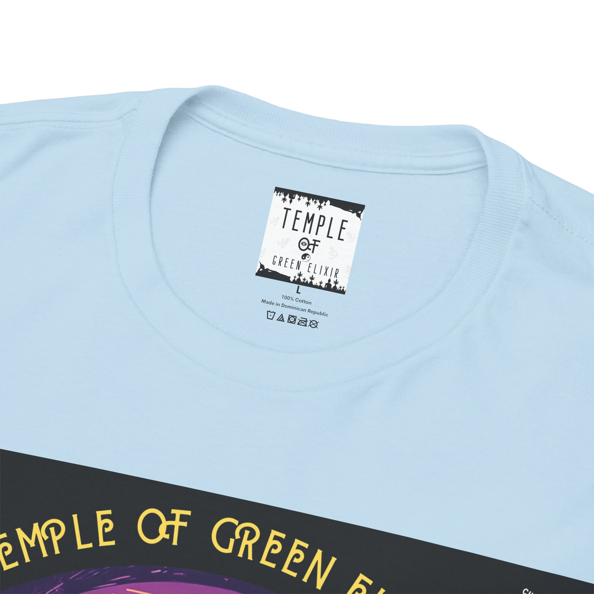 Temple of green Elixir Drucklabel in der innerseite vom blauen Wappa T-shirt