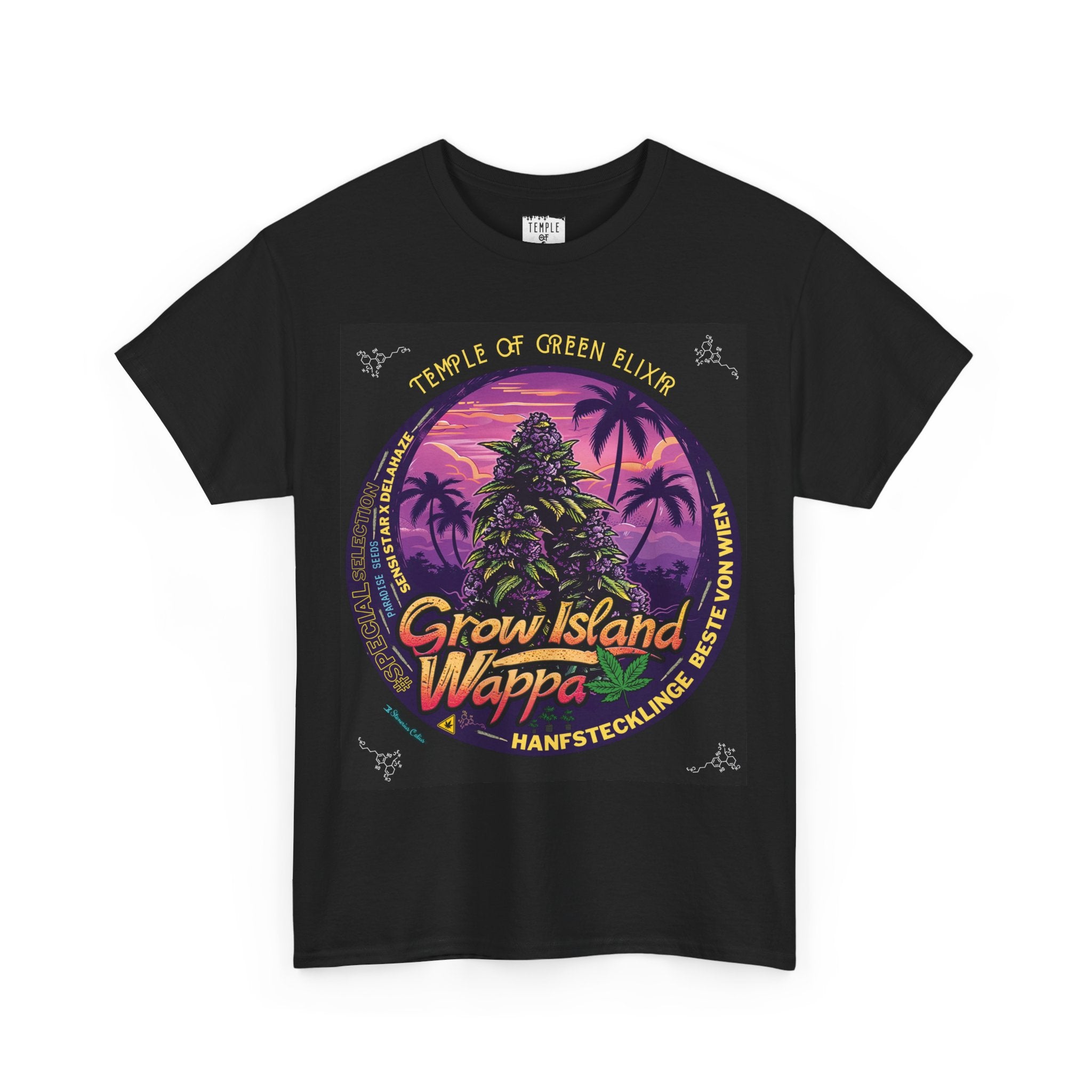 Wappa T-shirt schwarz, exotischen Sonnenuntergang, in dem die lilafarbene Wappa-Cannabispflanze zwischen Palmen emporragt – wie die Königin einer tropischen Insel. Im Hintergrund tauchen die letzten Sonnenstrahlen den Himmel in goldenes Licht, während am Horizont das Rauschen des Meeres langsam verstummt. 