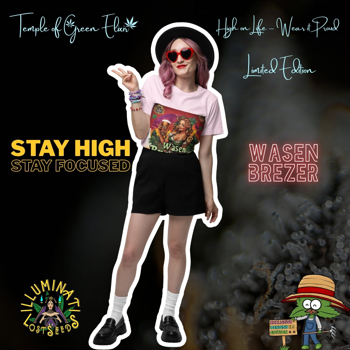 Junge Frau mit rosa Haaren und Hut steht in Shorts und rosa T-Shirt mit Wasen Brezer-Motiv, zeigt das Peace-Zeichen. Im Hintergrund verschiedene Schriftzüge wie ‚Temple of Green Elixir‘, ‚Stay High, Stay Focused‘ und animierte Logos. AUf dem T-shirt Frau im Dirndl hält ein Bierglas mit ‚Wasen Brezer‘-Aufschrift und eine Brezel, umgeben von grünen Pflanzen vor Sonnenuntergang. Oben links das Logo ‚Illuminati Lost Seeds‘, unten der große Schriftzug ‚Wasen Brezer‘ und die Webseite.