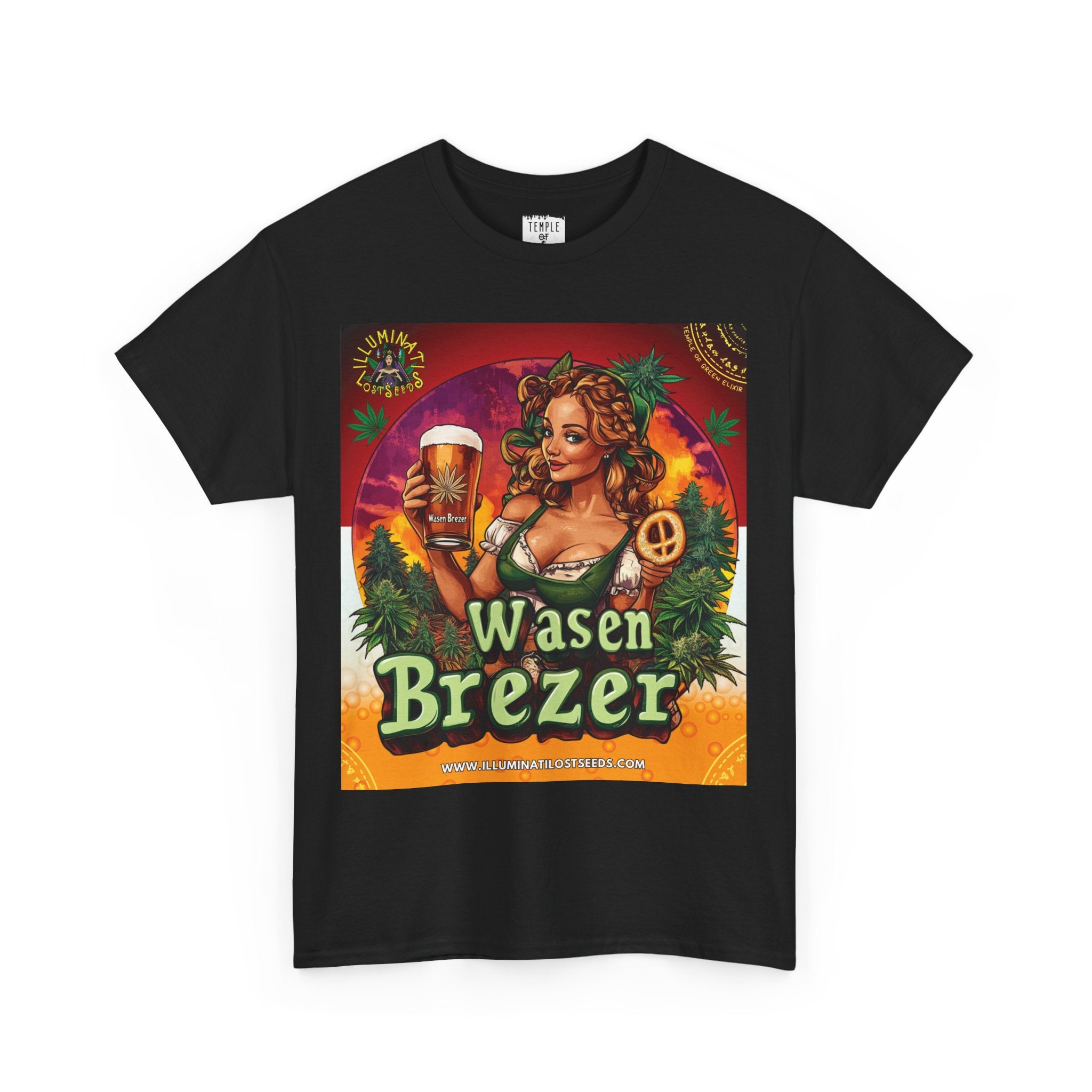 Wasen Brezer schwarzes T-shirt, Frau im Dirndl hält ein Bierglas mit ‚Wasen Brezer‘-Aufschrift und eine Brezel, umgeben von grünen Cannabis Pflanzen vor Sonnenuntergang. Oben links das Logo ‚Illuminati Lost Seeds‘, unten der große Schriftzug ‚Wasen Brezer‘ und die Webseite.