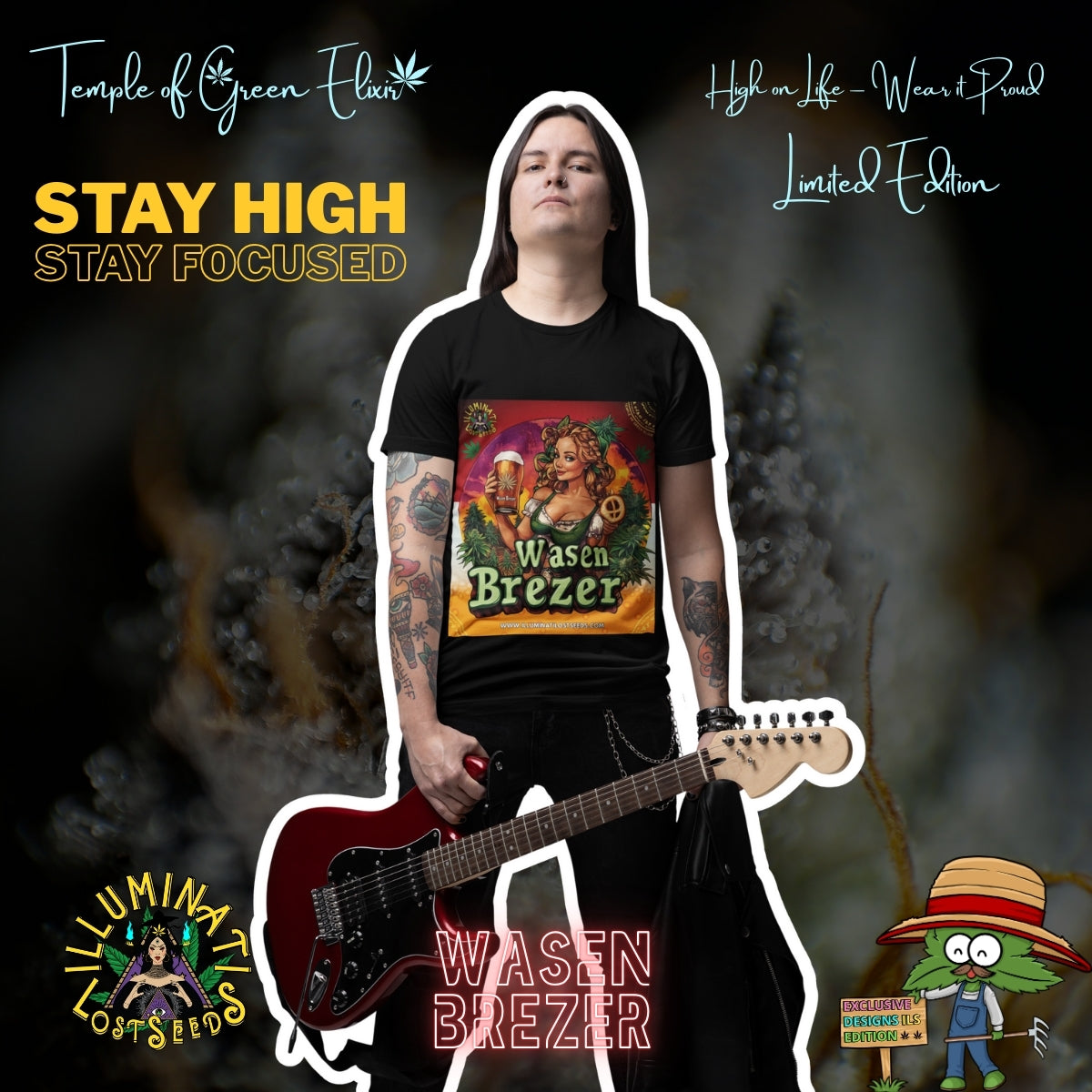 Tatowierte junger Mann mit langen schwarzen Haaren hält eine Gitarre, trägt ein schwarzes  Wasen Brezer T-Shirt.  Im Hintergrund verschiedene Schriftzüge wie ‚Temple of Green Elixir‘, ‚Stay High, Stay Focused‘ und animierte Logos. Auf dem T-Shirt Frau im Dirndl hält ein Bierglas mit ‚Wasen Brezer‘-Aufschrift und eine Brezel, umgeben von grünen Pflanzen vor Sonnenuntergang. Oben links das Logo ‚Illuminati Lost Seeds‘, unten der große Schriftzug ‚Wasen Brezer‘ und die Webseite.