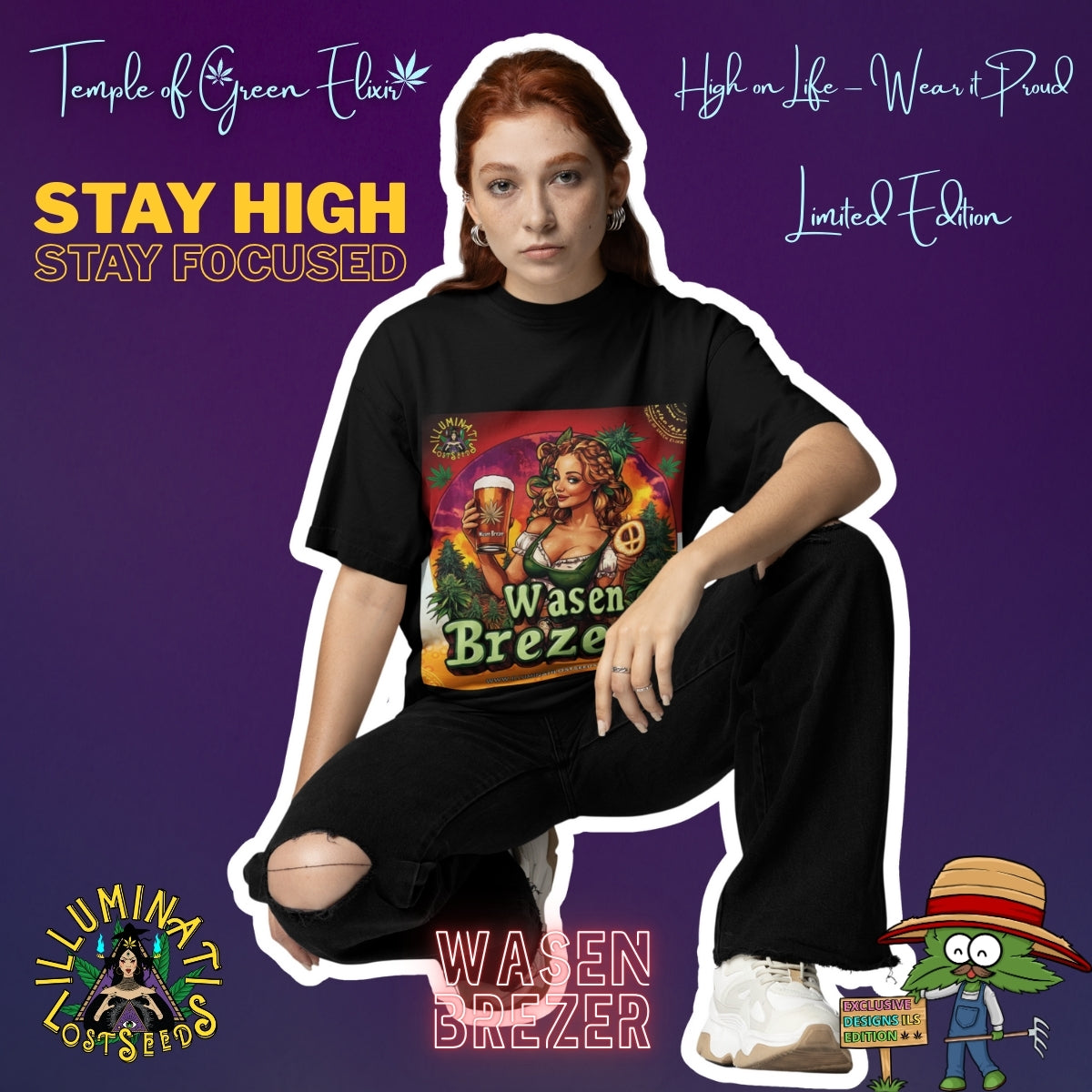 Rotes haariges Mädchen hockt in schwarzem  Wasen Brezer T-Shirt. Im Hintergrund verschiedene Schriftzüge wie ‚Temple of Green Elixir‘, ‚Stay High, Stay Focused‘ und animierte Logos. Auf dem T-shirt Frau im Dirndl hält ein Bierglas mit ‚Wasen Brezer‘-Aufschrift und eine Brezel, umgeben von grünen Pflanzen vor Sonnenuntergang. Oben links das Logo ‚Illuminati Lost Seeds‘, unten der große Schriftzug ‚Wasen Brezer‘ und die Webseite.
