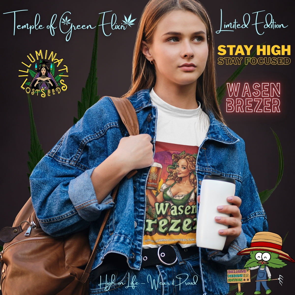 Junge Frau trägt Jeansjacke und weißes Wasen Brezer T-Shirt, hält einen Kaffeebecher in der Hand und hat eine braune Tasche auf dem Rücken. Auf dem T-Shirt Frau im Dirndl hält ein Bierglas mit ‚Wasen Brezer‘-Aufschrift und eine Brezel, umgeben von grünen Pflanzen vor Sonnenuntergang. Oben links das Logo ‚Illuminati Lost Seeds‘, unten der große Schriftzug ‚Wasen Brezer‘ und die Webseite.