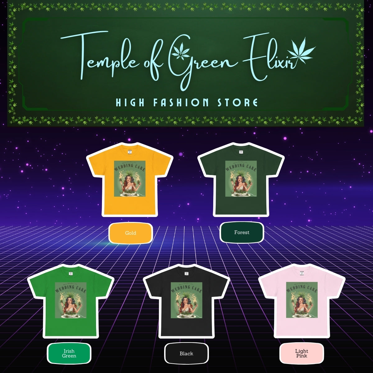 Wedding Cake T-shirt Color chart:
gelb, dunkel grün, irish grün, schwarz, rosa