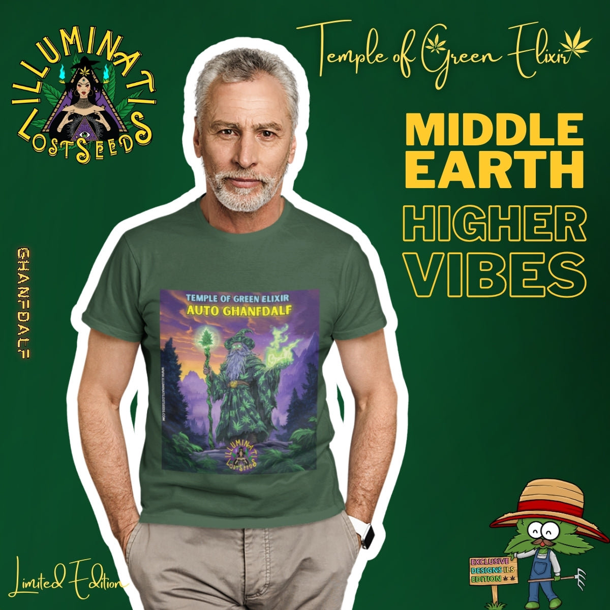 Ein Mann von Welt mit Erfahrung und Stil präsentiert das waldgrüne Ghanfdalf T-Shirt. Sein souveräner und gelassener Blick verkörpert die Botschaft unserer Kampagne: "Middle Earth Higher Vibes". Dieser Look ist eine Hommage an die zeitlose Weisheit und die magische Kraft der Natur. Eine exklusive Kollaboration von "Temple of Green Elixir" und "Illuminati Lost Seeds" für all jene, die wissen, dass wahre Stärke in der Ruhe und in der Verbindung zur Natur liegt