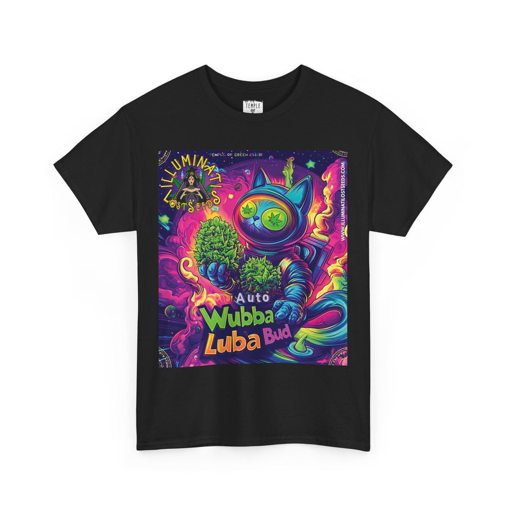 Schwarzes Wubba Luba Bud T-Shirt aus der Illuminati Lost Seeds x Temple of Green Elixir Kollektion. Das farbenintensive Design zeigt eine kosmische Katze mit Cannabisblüten und leuchtenden Farben in Lila, Pink, Blau und Grün – ein auffälliges Kunstwerk für Fans von urbaner Streetwear und kreativer Ausdruckskraft.