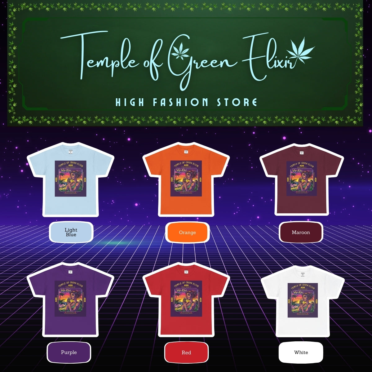 Wy-Kiki T-shirt Color chart:
Hell Blau, Orange, Bordou, Lila, rot, weiss