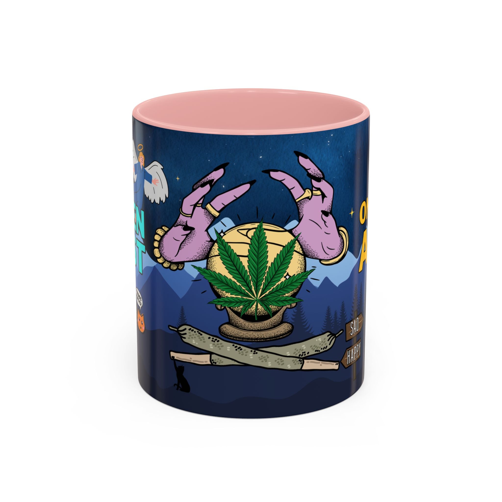 Eine zweifarbige  „Heaven is just one joint away“ Tasse, Temple of Green Elixir mit einem rosa Innenraum, die eine humorvolle, mystische Szene darstellt. Im Zentrum schweben die lila Hände einer Wahrsagerin über einer Kristallkugel, in der ein Cannabis-Blatt erscheint. Zwei Joints liegen gekreuzt darunter. Im Hintergrund sind eine nächtliche Berglandschaft, Engel und Katzen zu sehen, was eine surreale und detailreiche Komposition ergibt.﻿